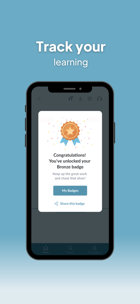 Physio Network - Pantalla de la aplicación Physio Network que muestra una insignia de logro de bronce desbloqueada por el seguimiento del progreso de aprendizaje profesional