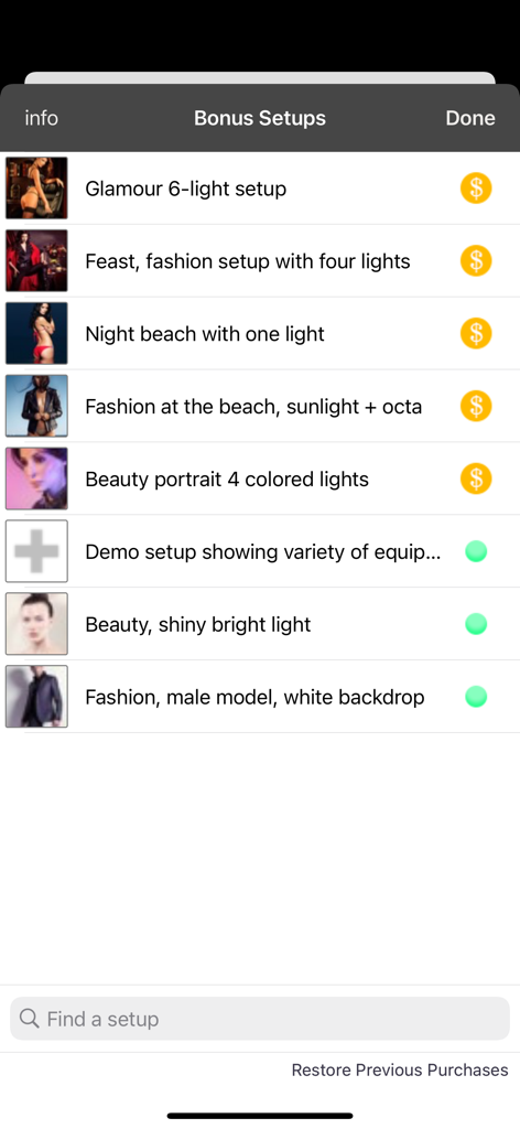 List of professional lighting setups with reference photos and descriptions