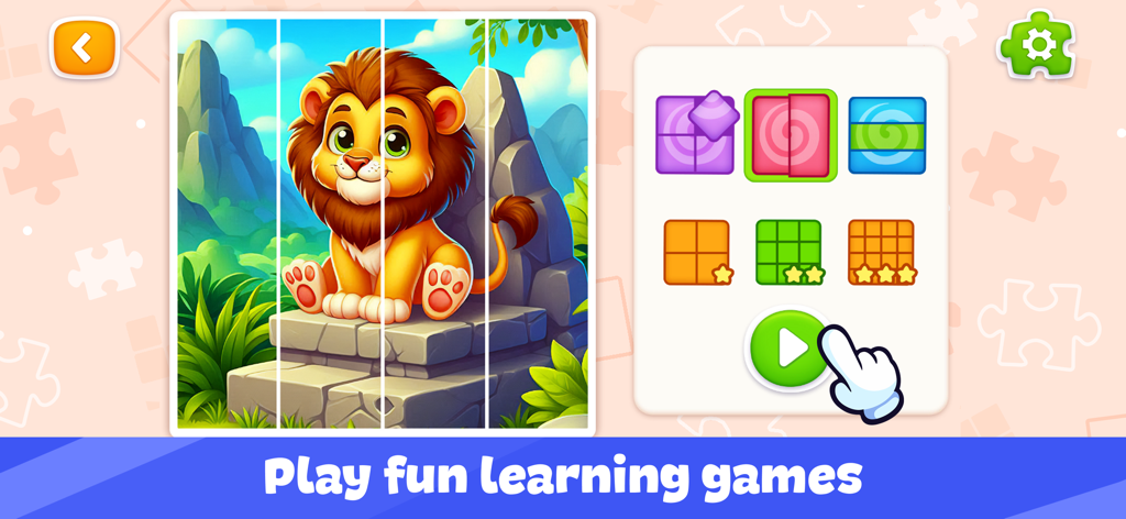 Puzzle Games for Kids & Babies - Toddler puzzle game interface showing a lion puzzle and game difficulty settings