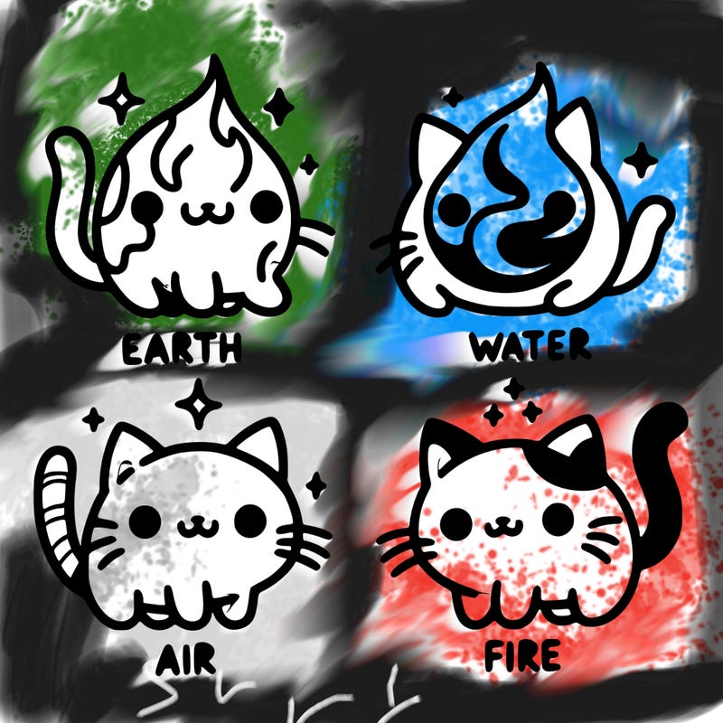4 cats that represent the different elements, earth, water, air, and fire