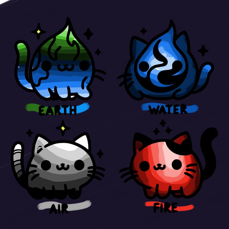 4 cats that represent the different elements, earth, water, air, and fire