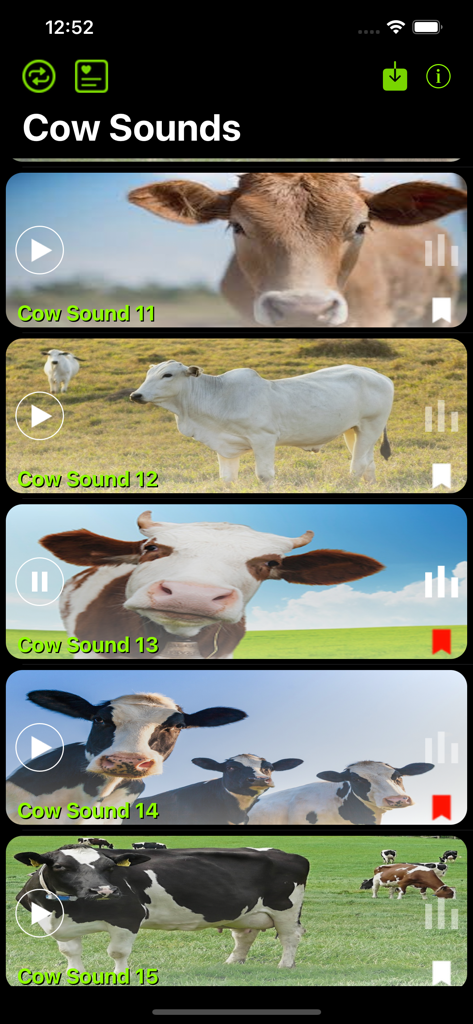 Cow Sounds App - Interface of the Cow Sounds app featuring a list of playable cow noises with photos of cattle.
