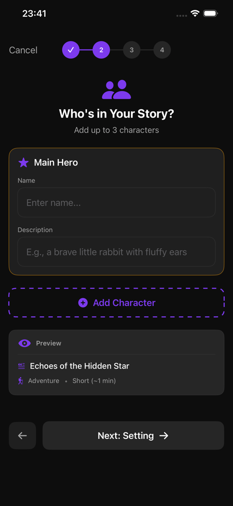 Character customization screen for the Little Story Maker AI storytelling app