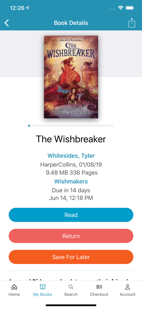 CloudLibrary - CloudLibrary 앱 화면. The Wishbreaker의 도서 세부 정보와 함께 읽기, 반납 또는 나중에 저장 옵션이 표시됩니다.
