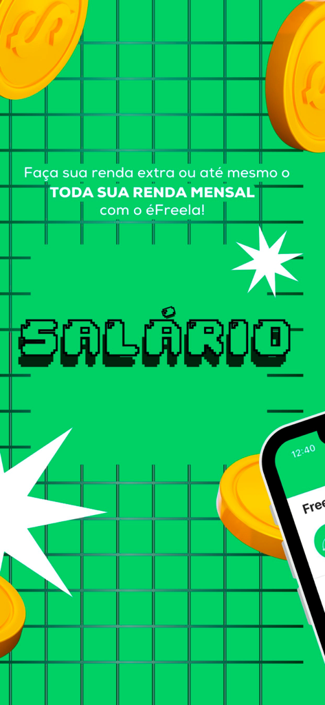 eFreela - Profissionais - Tela promocional para o aplicativo eFreela destacando oportunidades de renda mensal e trabalho freelancer com um gráfico de salário pixelizado.