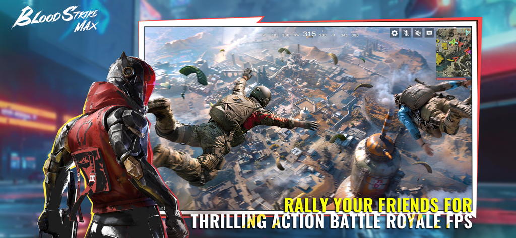Blood Strike Max - Giocatori che si paracadutano su una mappa cittadina in Blood Strike Max gameplay battle royale