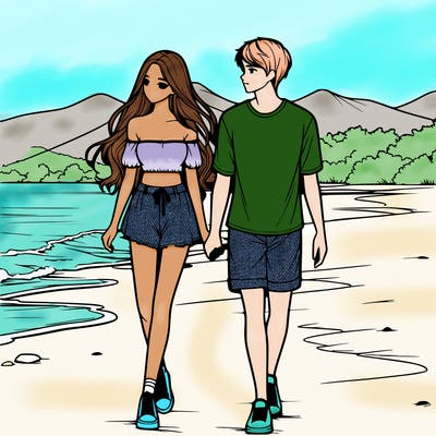 a girls walking in the beach with her boyfriend realistic