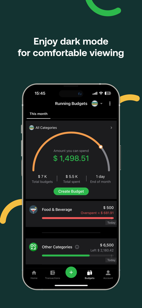 Money Lover app interface in dark mode displaying a running monthly budget with spending progress and category breakdown