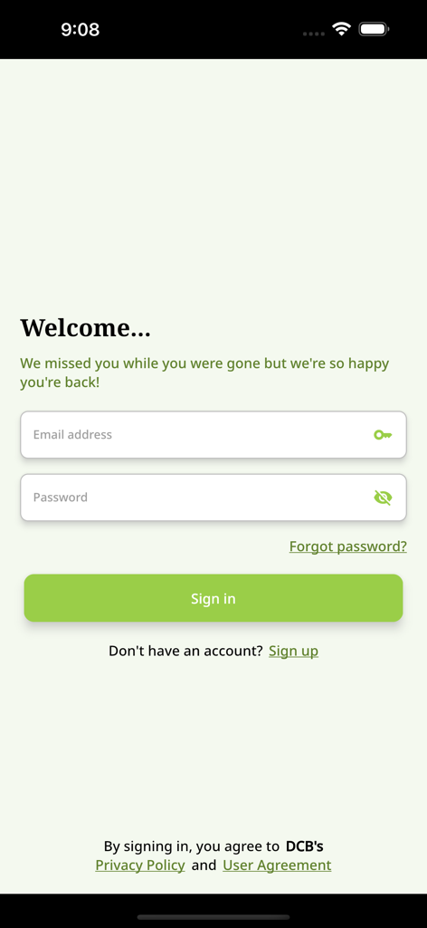 Login screen for the DC Books reader application featuring email and password fields and a sign in button