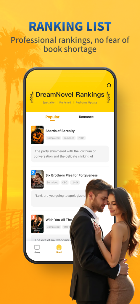 DreamNovel - Stories & Novels - DreamNovel app interface showing a ranking list of trending romance novels and a couple embracing
