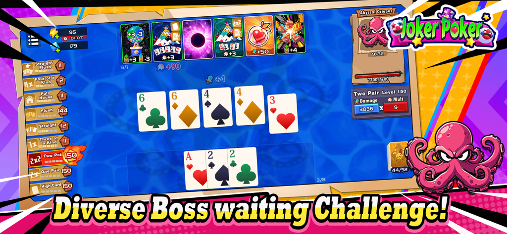 Joker Poker Card Game - Jugabilidad de Joker Poker mostrando una batalla contra un jefe pulpo usando manos de póker y cartas de poder especiales de Joker