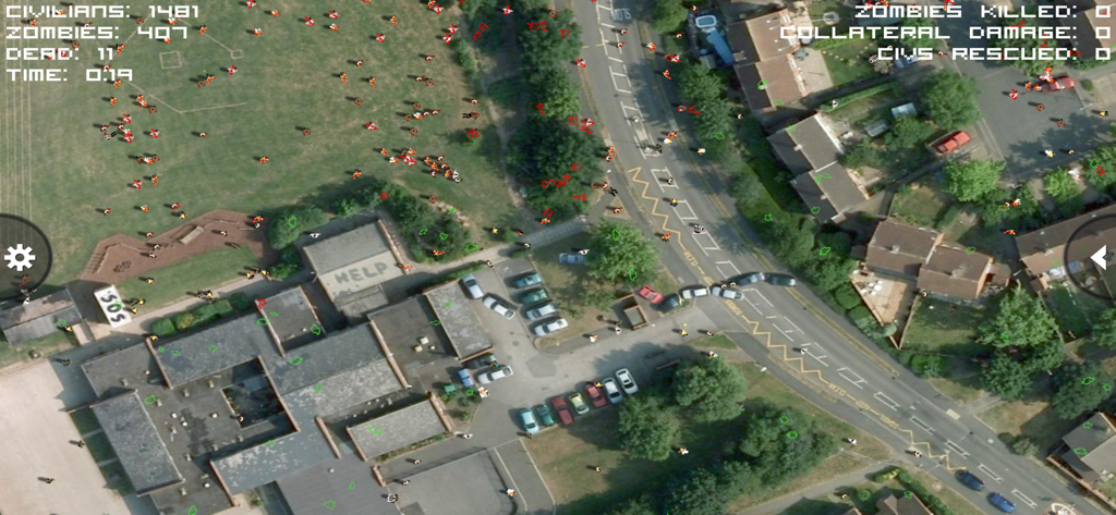 Top down satellite view of a zombie outbreak simulation in a residential area.