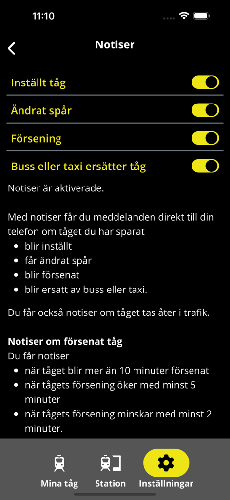 Mina Tåg - High contrast notification settings for train delays and track changes