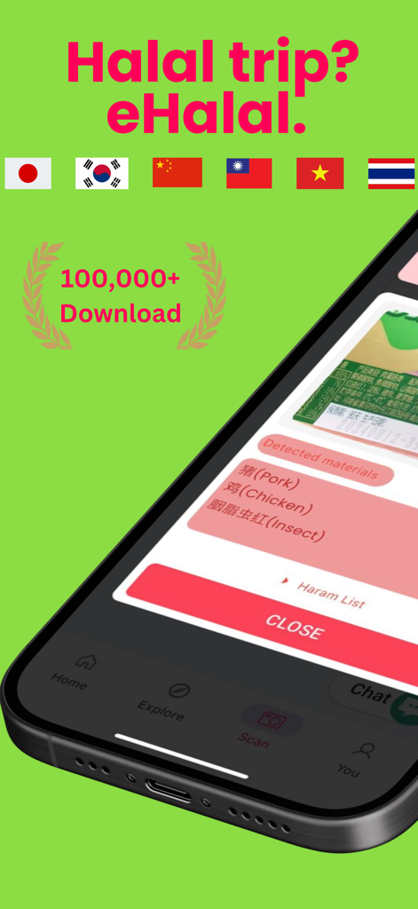 eHalal-Halal Scanner/eSIM - Smartphone displaying the eHalal app scanning food ingredients to detect non halal items like pork and insects