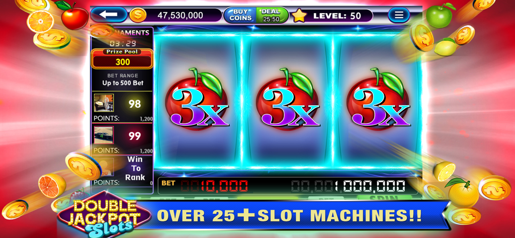 A classic three reel slot machine gameplay screen with 3x multiplier symbols and flying gold coins