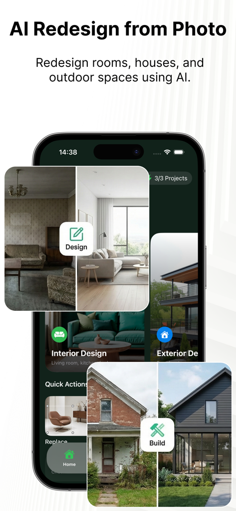 Renova AI: Room Redesign - Uma tela de smartphone exibindo o aplicativo Renova AI com redesenhos de interiores e exteriores antes e depois.