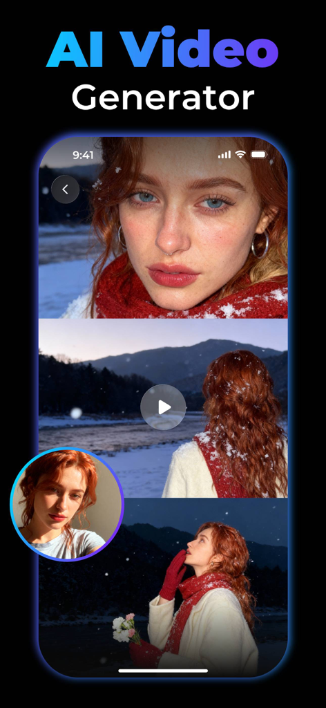 AI Video Generator, AI Filmix - AI Video Generator app screen showing a woman's portrait transformed into cinematic video clips in a winter setting.