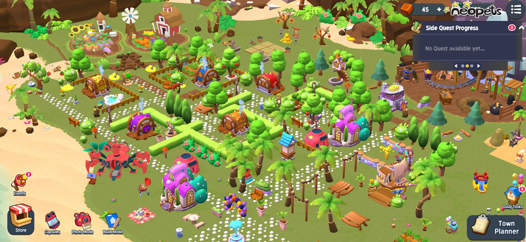 Neopets: Tales of Dacardia - Gameplay screenshot of Neopets Tales of Dacardia showing a decorated island town with buildings and trees