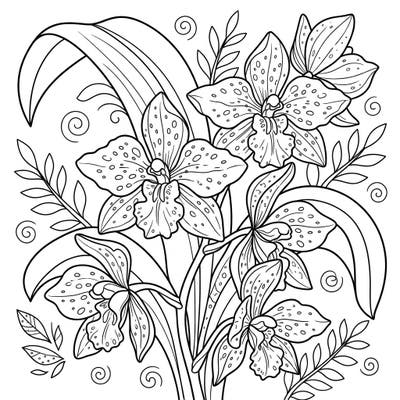 Discover the stunning beauty of Odontoglossum Orchids with this delightful coloring page, crafted especially for kids aged 4-8. Young artists will love bringing these beautifully spotted flowers and their lush surroundings to life with their favorite colors.