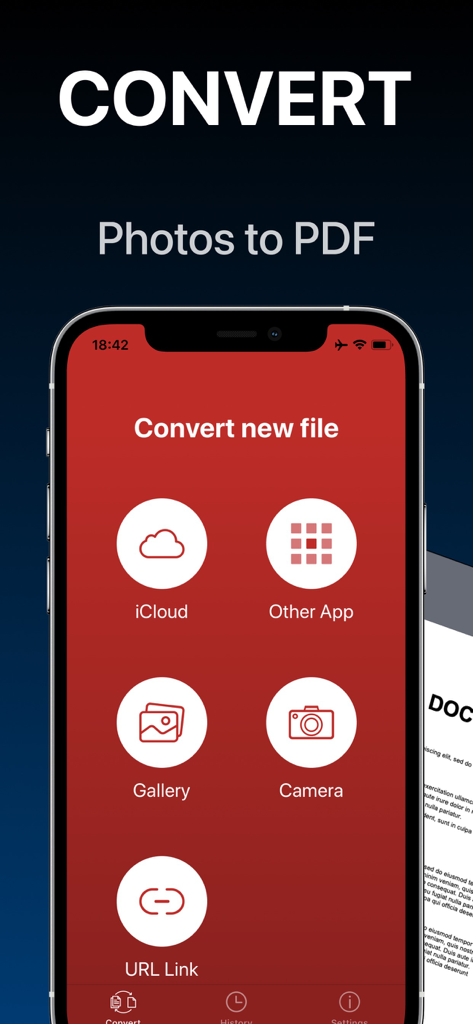 iCloudギャラリー、カメラ、または他のアプリからインポートするオプションを備えた、写真をPDFに変換するためのモバイルアプリインターフェイス