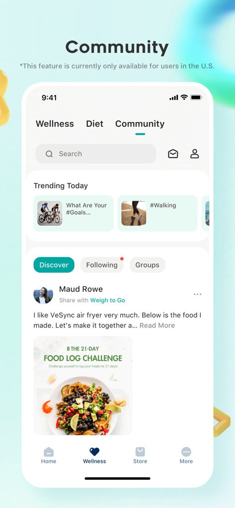 Una captura de pantalla de la sección de comunidad de la aplicación VeSync que muestra temas de bienestar de moda y un feed social para compartir comidas saludables
