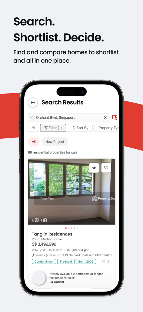 PropertyGuru Singapore - PropertyGuru Singapore app showing real estate search results for Orchard Boulevard with a detailed condominium listing and search filters.