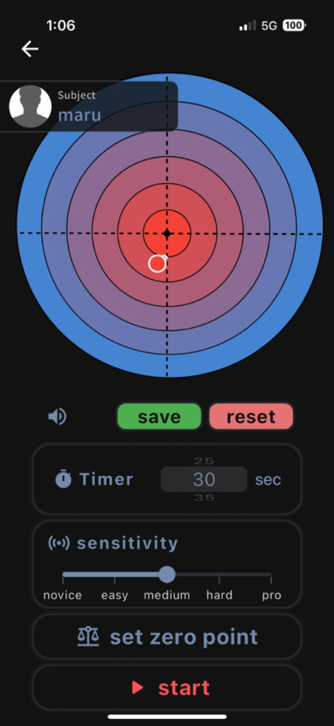 Honest Measure - Honest Measure app balance measurement screen with target graphic and timer