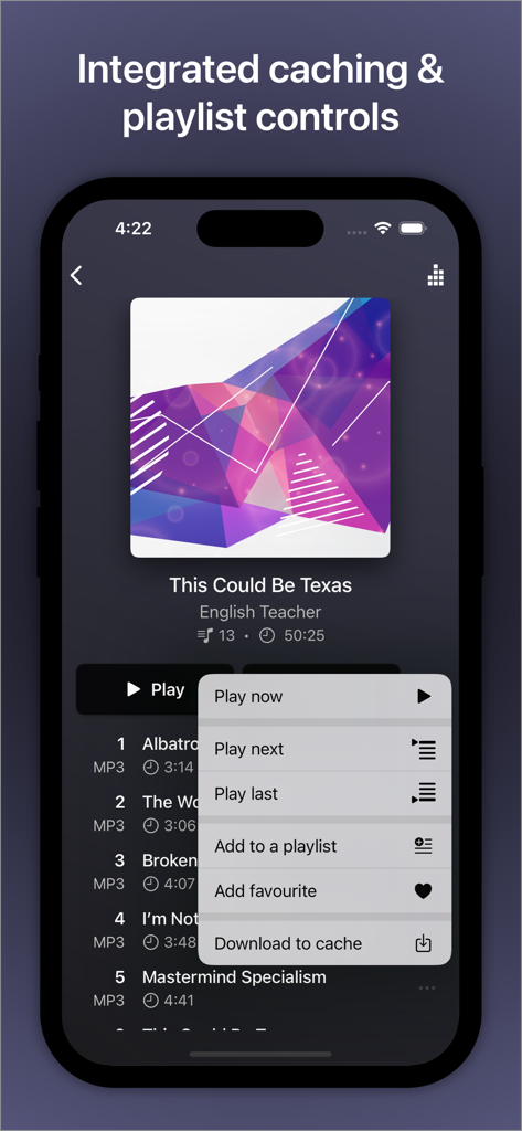 Interfaz del reproductor de música AVSub con controles integrados de almacenamiento en caché y listas de reproducción