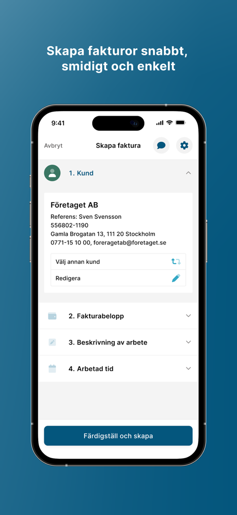 Frilans Finans - Interfaz de la aplicación móvil Frilans Finans que muestra el proceso paso a paso para crear una factura de autónomo, incluyendo detalles del cliente y del trabajo.