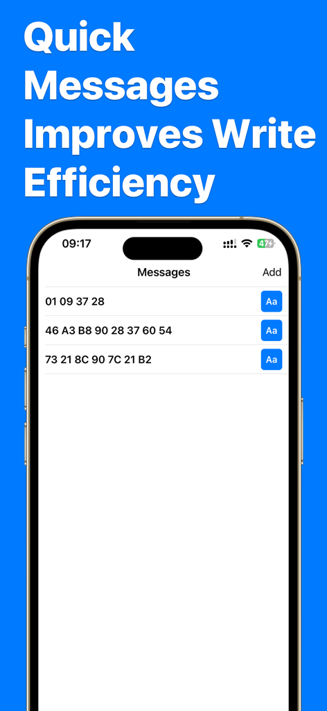 Interface for managing and sending quick hexadecimal messages to Bluetooth devices