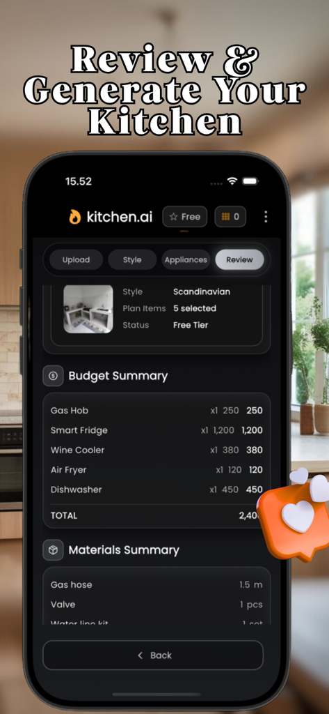 AI Kitchen Designer & Budget - Screenshot der KI Küchenplaner-App, der eine detaillierte Budget- und Materialzusammenfassung für eine Küchenrenovierung zeigt