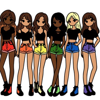 a group of girls wearing crop tops and shorts