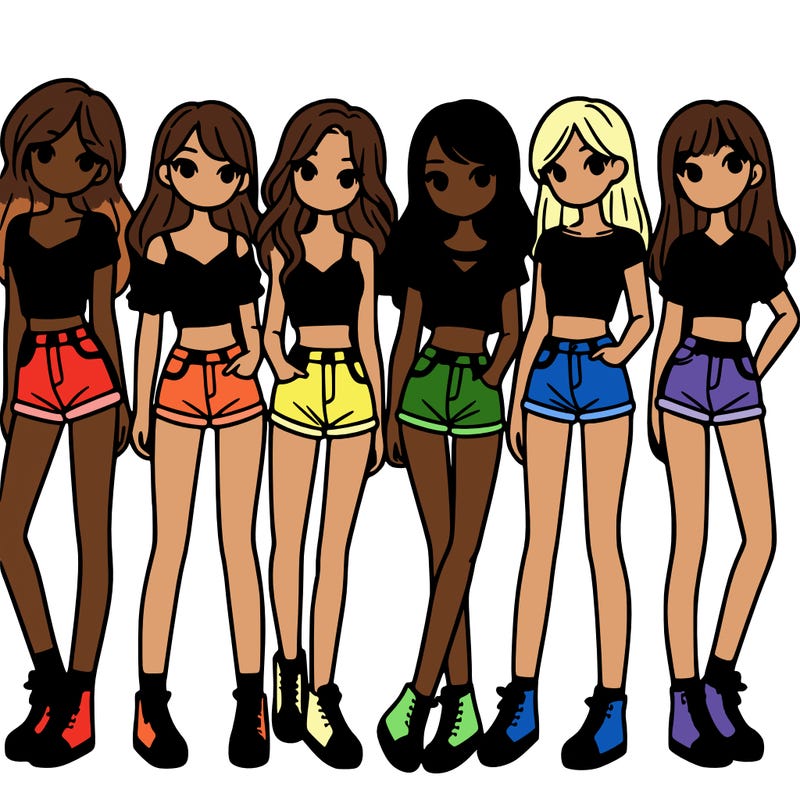 a group of girls wearing crop tops and shorts