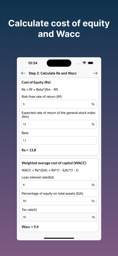Interfaz de la aplicación DCF Valuation mostrando campos de entrada para calcular el Costo de Capital Propio y el Costo Promedio Ponderado del Capital