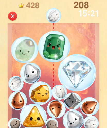 Gold Miner For Watch - Screenshot of the Big Diamond Synthesis merge game mode featuring colorful gems with cute faces.