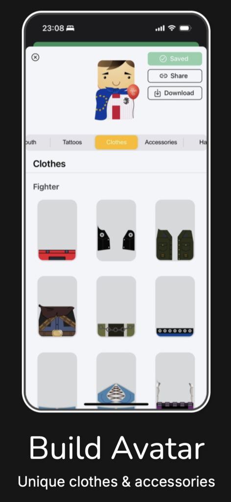 Joker - Online Game - Avatar customization screen in the Joker card game app showing clothing and accessory options for a character.