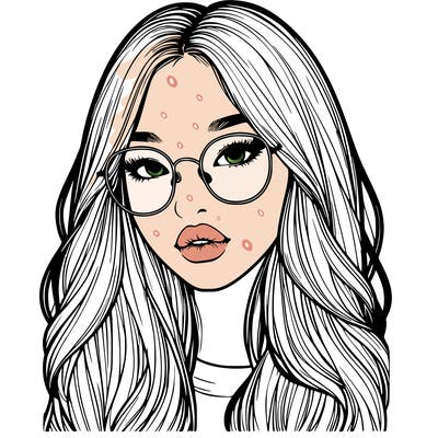 realistic korean girl with long hair, glasses and big lips