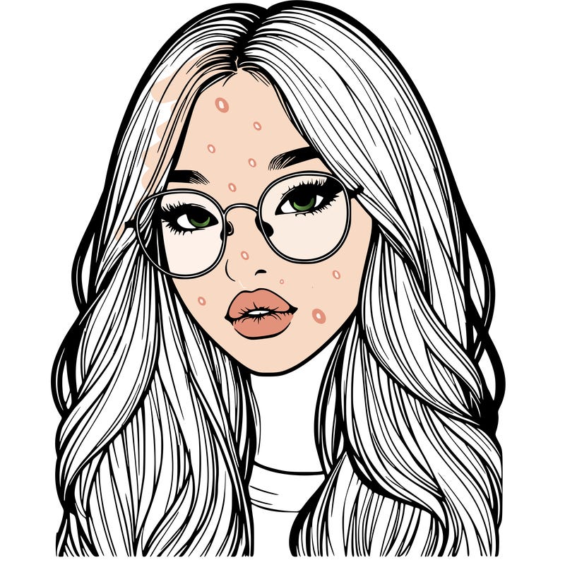 realistic korean girl with long hair, glasses and big lips