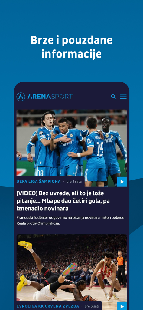 Mobile interface of the TV Arena Sport app displaying sports news articles and live updates.