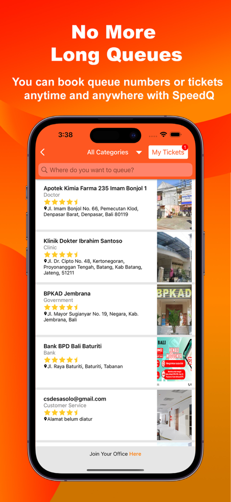 SpeedID - SpeedID app screen showing digital queue options for clinics banks and government offices