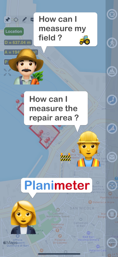 Graphic showing a farmer and a construction worker asking how to measure land and a repair area with the Planimeter app