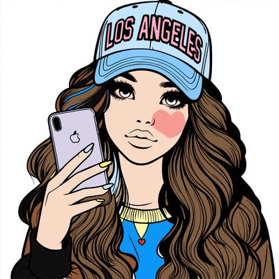 realistic beautiful girl wearing los ángeles cap holding an iphone