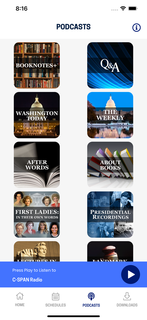 C-SPAN Radio App Podcast-Bibliothek mit verschiedenen historischen und politischen Shows wie Washington Today und Presidential Recordings.