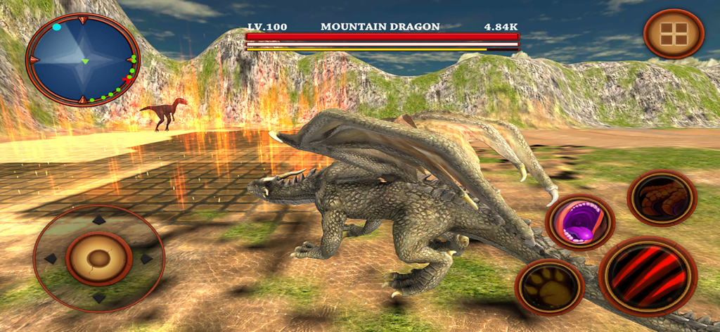 Mountain Dragon character in a combat scene from the Dinosaur Evolution Survival mobile game