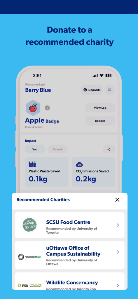 Friendlier - Friendlier app dashboard displaying plastic and CO2 savings with a list of recommended charities for donations