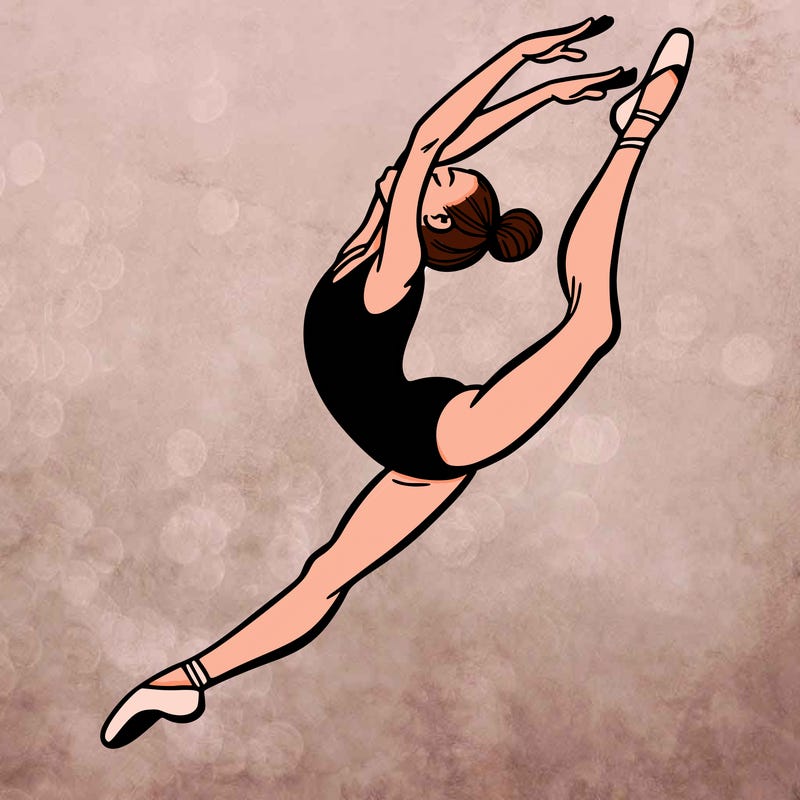 gymnast doing a leap in a leotard with a bent back leg