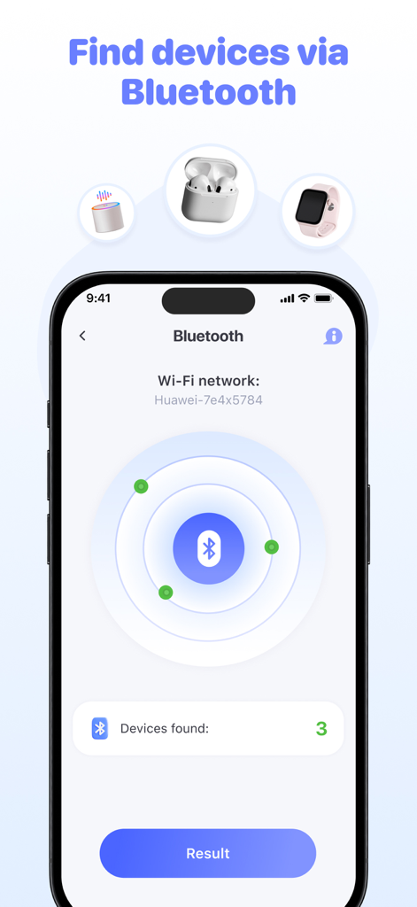 Camera Detector Tracker Finder - Smartphone screen displaying a Bluetooth device finder tool scanning for nearby electronics like headphones and smartwatches.