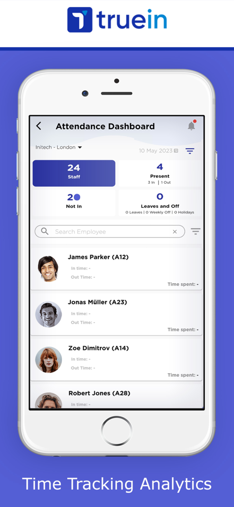 Truein app attendance dashboard displaying employee status and time tracking analytics