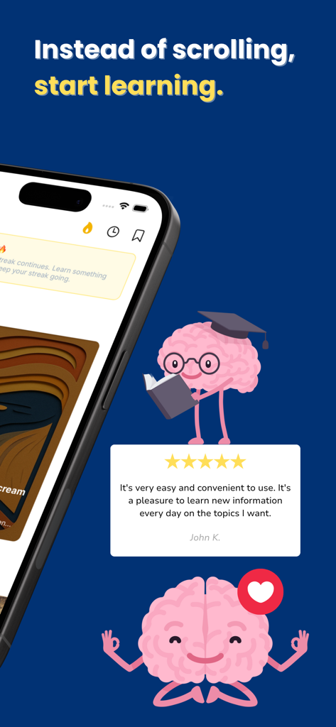Daily Micro Learning - Curio - Curio app screenshot with a call to start learning instead of scrolling and a positive user review