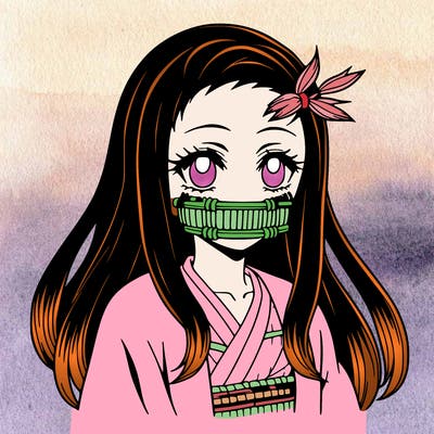 nezuko anime girl with bamboo muzzle and black hair with dyed ends
